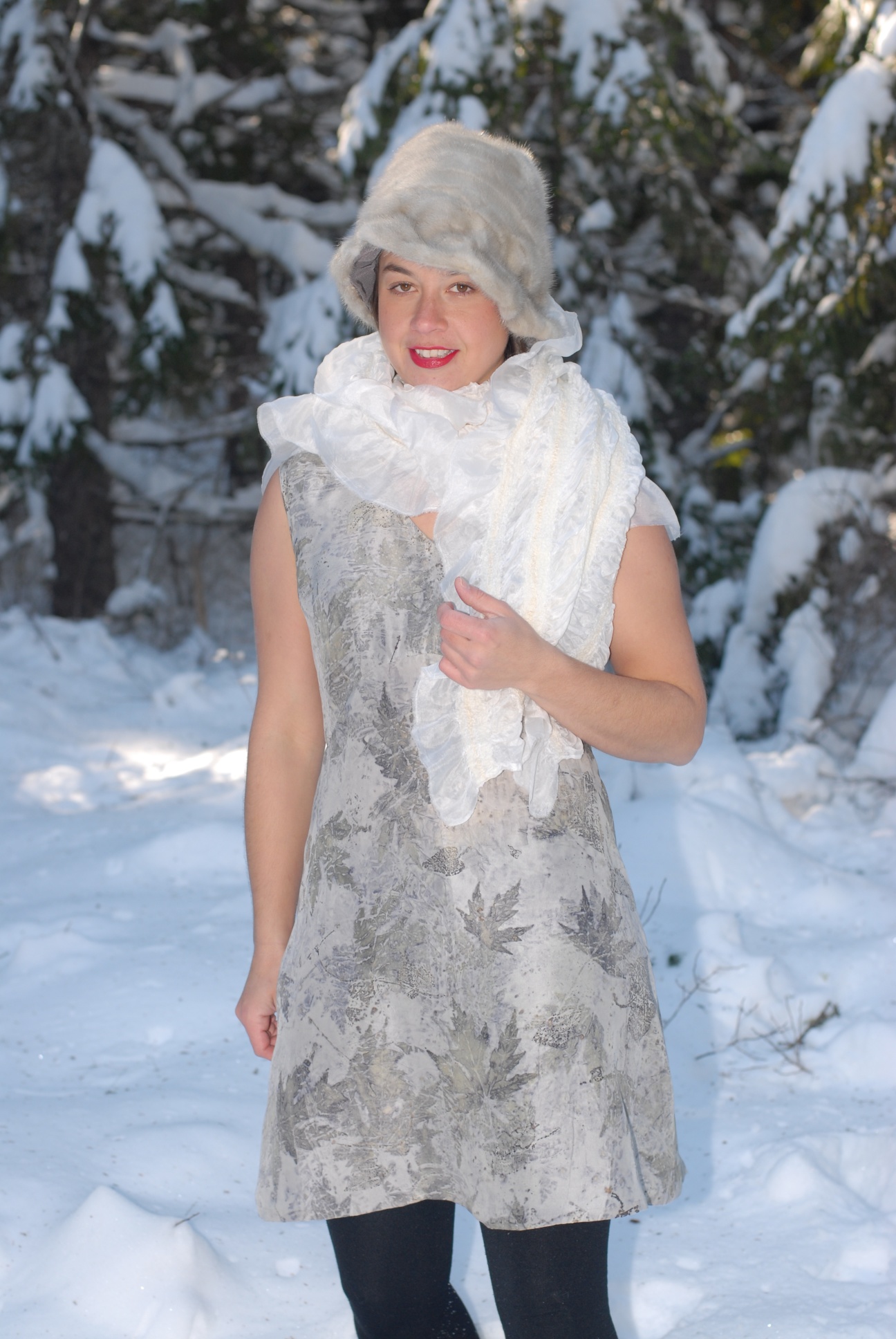 Eco Printed Dress - silver maple and tufted bindweed; original pattern.  Nuno felted shawl.