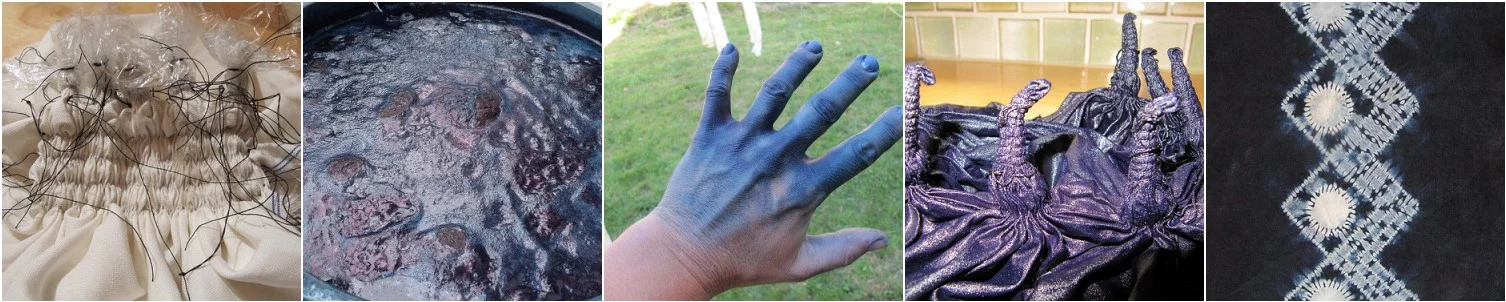 1. Cloth is stitched, gathered, bound and capped. 2. Indigo vat. 3. Indigo is a substantive dye and will dye anything. I wear gloves, the there was a hole in that pair! 4. Dyed piece waiting to be unbound. This piece was placed in the vat 16 times and allowed to dry between each dip. 5. This is the piece from photo 1, finished. Stitching, binding and capping on silk and linen suiting.