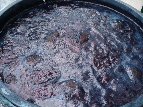 Indigo vat - the coppery blue foam on the top of the vat is called the “Indigo Flower” and is the result of indigo from the vat oxidizing when it touches the air.