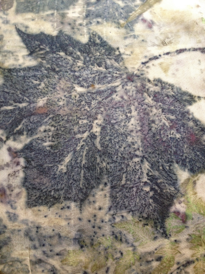 Detail: Crimson Norway Maple leaf and Bracken Fern on Habotai Silk Scarf