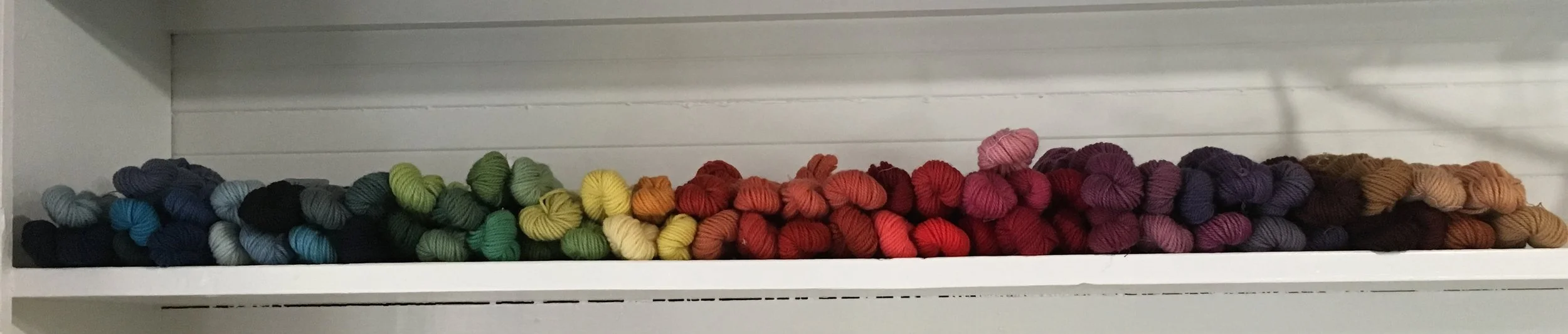 Woolen yarn dyed with indigo, madder root, cochineal (insects), lac, osage orange sawdust, weld, logwood, sappan wood, black walnut and cutch. (See also natural dyeing classes - 40-60 colors from natural dyes, 2-4 day classes)