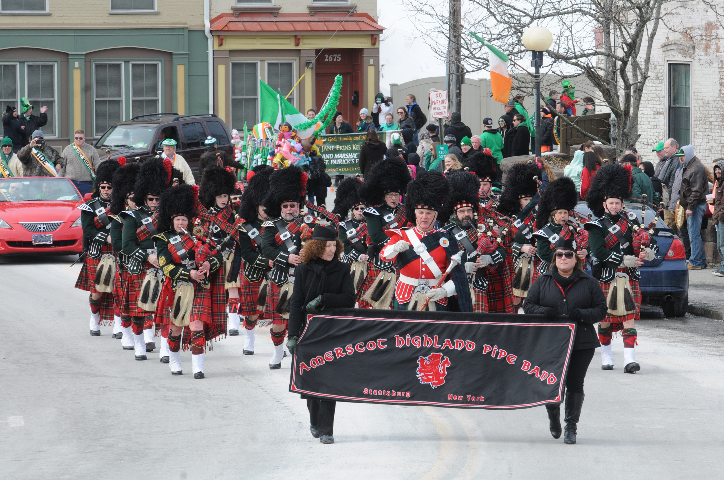  3/7/2015 -&nbsp;Wappingers Falls, NY -&nbsp;The Amerscot Highland Pipe Band leads the annual St. Patrick's Day Parade held in Wappingers Falls, now in its 20th year.&nbsp; 