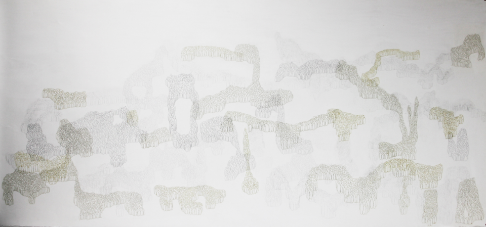 Palimpsest #1, 2006-2013.&nbsp;Lead Pencil and Gold Pen on Paper.&nbsp;42 in x 90 in.