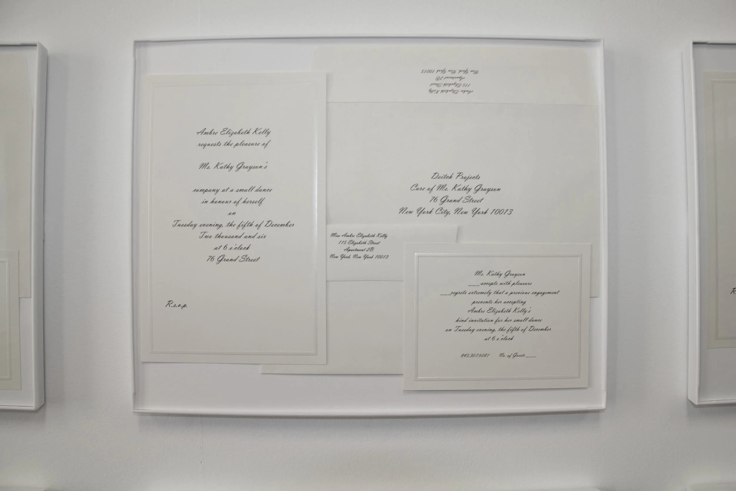   Requests the Pleasure, Kathy Grayson.&nbsp; 2006. Unique print on invitation paper. 11 in x 14 in, framed.  