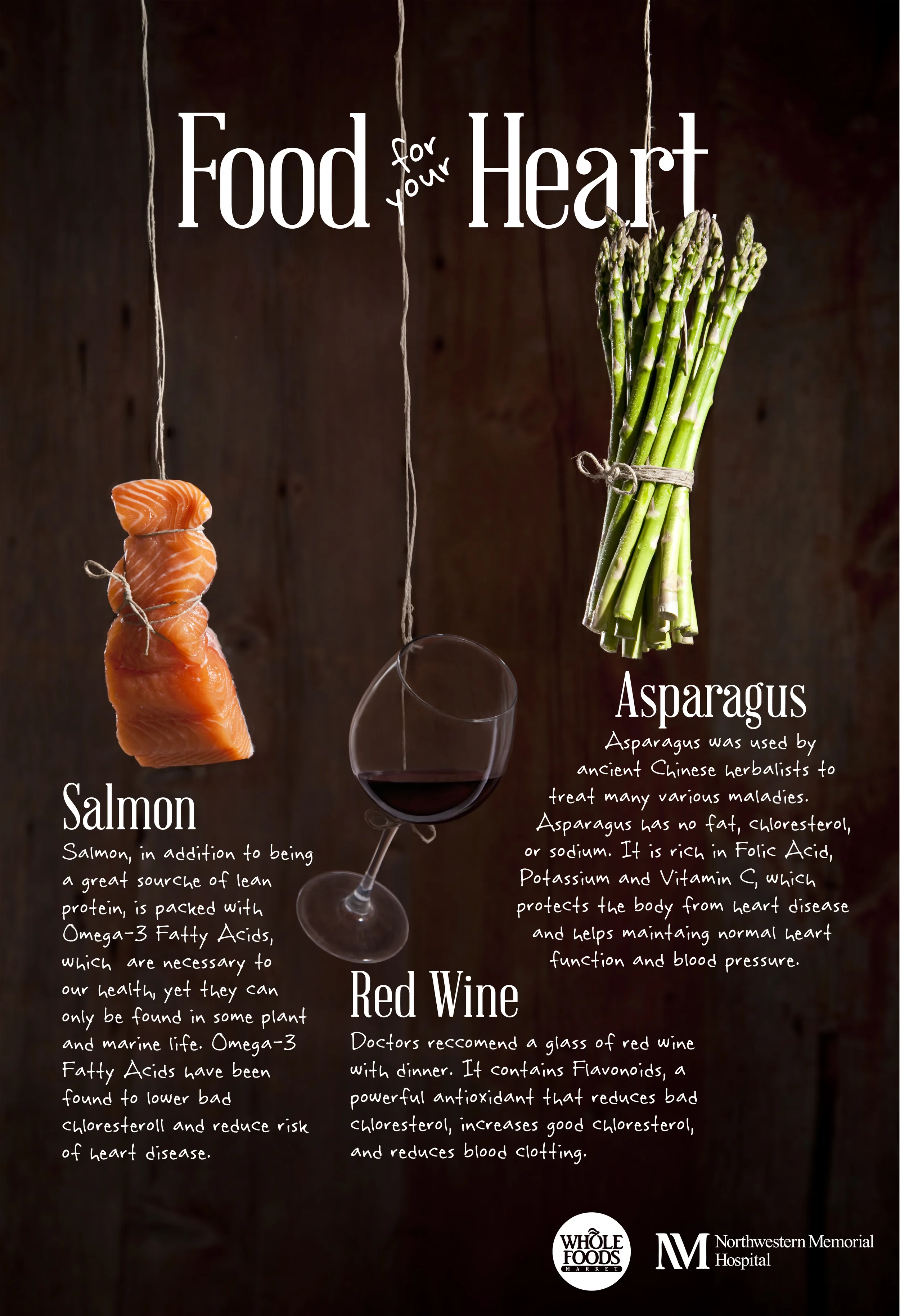 Food for your heart salmon, red wine, asparagus 