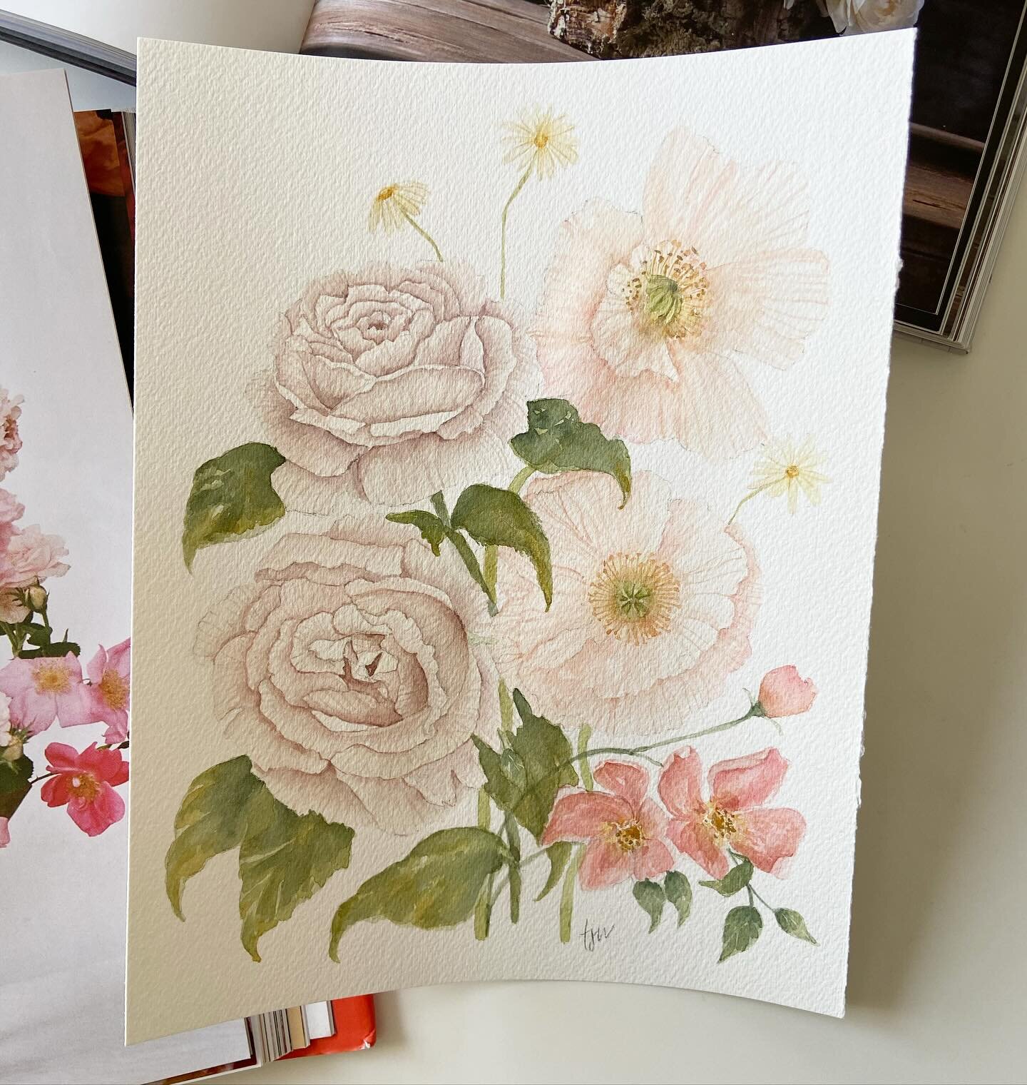 This commission is a spiritual bouquet &mdash; each flower represents a person praying for their friend going through cancer. 

I went with a more traditional approach to watercolor with this piece: I started with a sketch (I usually don&rsquo;t) and