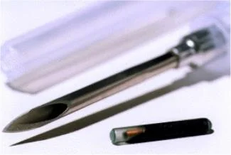 The needle and microchip with which Eduardo Kac implanted himself in front of a live audience in November 1997. His bio art performance was titled ‘Time Capsule.’ (Courtesy of Eduardo Kac. 5 )