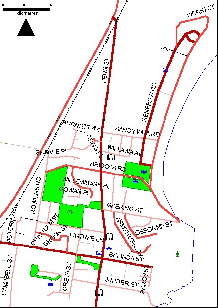 Figure 4 Household dwelling distribution: The thematic map above shows the distribution of households by road. The thicker the road segment and darker the shade of red, the more households are located on that street. This thematic map can help planners to strategically place parks, reserves and rest areas in positions that will be utilised by the neighbouring population.
