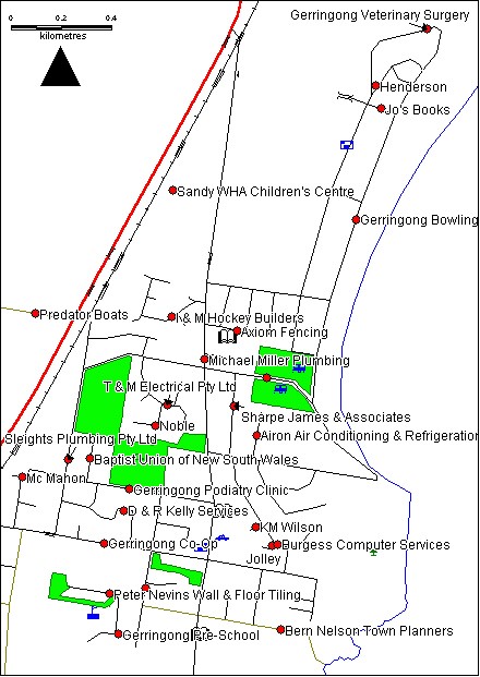 Figure 5 Pinpointing company locations: The MapMarker® Australia product allows for intelligent address matching. In this pilot study, telemarketing business records from Brylar’s Australian on Disc (AOD) product were geocoded to street address locations. Council planners can query individual company records in the GIS or extract data to analyse the various types of businesses that are located in Gerringong. It can also help planners in re-zoning land parcels for re-development based on local business and employment demands.