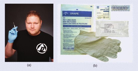 Figure 3. (a) Graafstra holding an RFID implant syringe used for injection. (b) An xEMi injection kit that graafstra sells with an RFID tag.