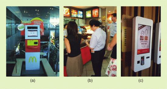 Figure 2. (a) McDonalds ATM at Chaangi Airport, Singapore 2005. (b) McDonalds clerk with PDA ordering customer food in Singapore 2005. (c) Selfservice kiosk, Albion Park, NSW, Australia, 2016. Photos courtesy Katina Michael.