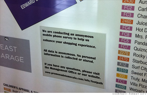 A sign at a shopping mall that describes the location tracking of smartphones is taking place. Most consumers would not have a clue what this is about. The surveillance is described for the purposes of "enhancing" your shopping experience.