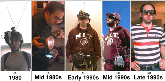 Fig. 12. Self-portraits of Mann with wearable computing kit from the 1980s to the 1990s. Prof. Mann started working on his WearComp invention as far back as his high school days in the 1970s. Courtesy of Steve Mann.