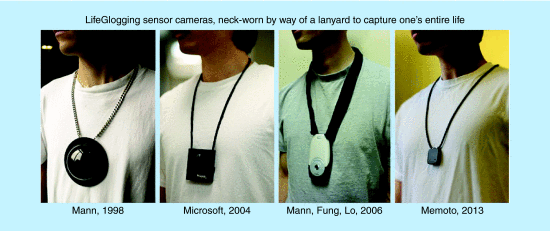 Steve Mann: “Here's a picture I took of my neckworn camera in 1998, along with other similar more recent devices. The 1998 camera was a “wearable wireless webcam” that had various other sensors in it as well. The microsoft sensecam picture I took in a similar style, and over the years various other products became available. The most recent picture I actually took in exactly the same location as my original camera necklace dome 15 years earlier: 2nd floor of university of toronto bookstore, St. george street entrance.