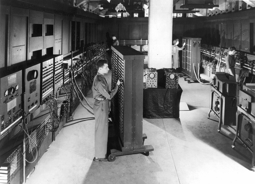 Figure 2. The first large-scale computer, the ENIAC. An original newspaper headline in 1946 read, “It Won't Mind the Baby—Yet; But Little Else Stops ‘ENIAC.’” Who would ever have believed that this wall-to-ceiling computer could be wrapped around a person's wrist in 2015? (Image courtesy of the U.S. Army.)