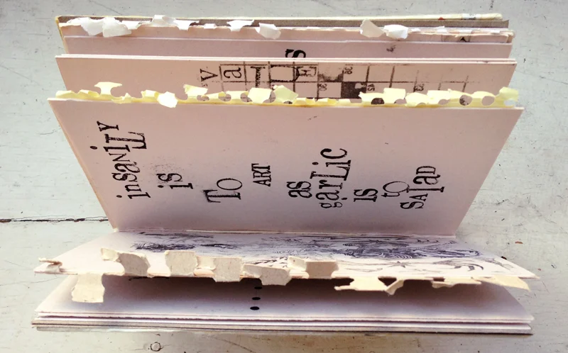 artist book > coptic stitch, type transfer and fore edge texture