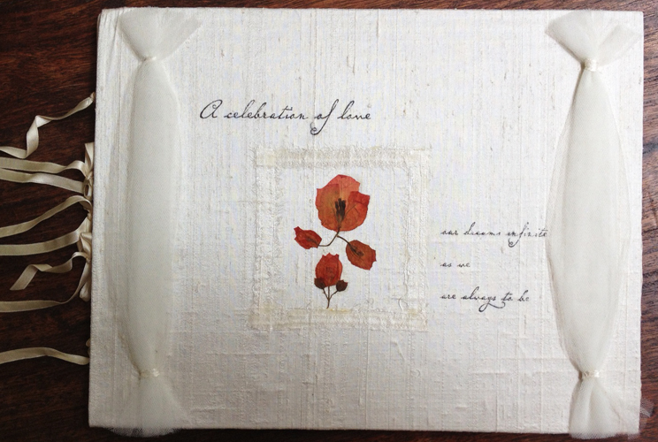 wedding book > handmade for my dear friends colleen &amp; kent for their wedding > made from colleen's wedding dress silk fabric, tulle and ribbons