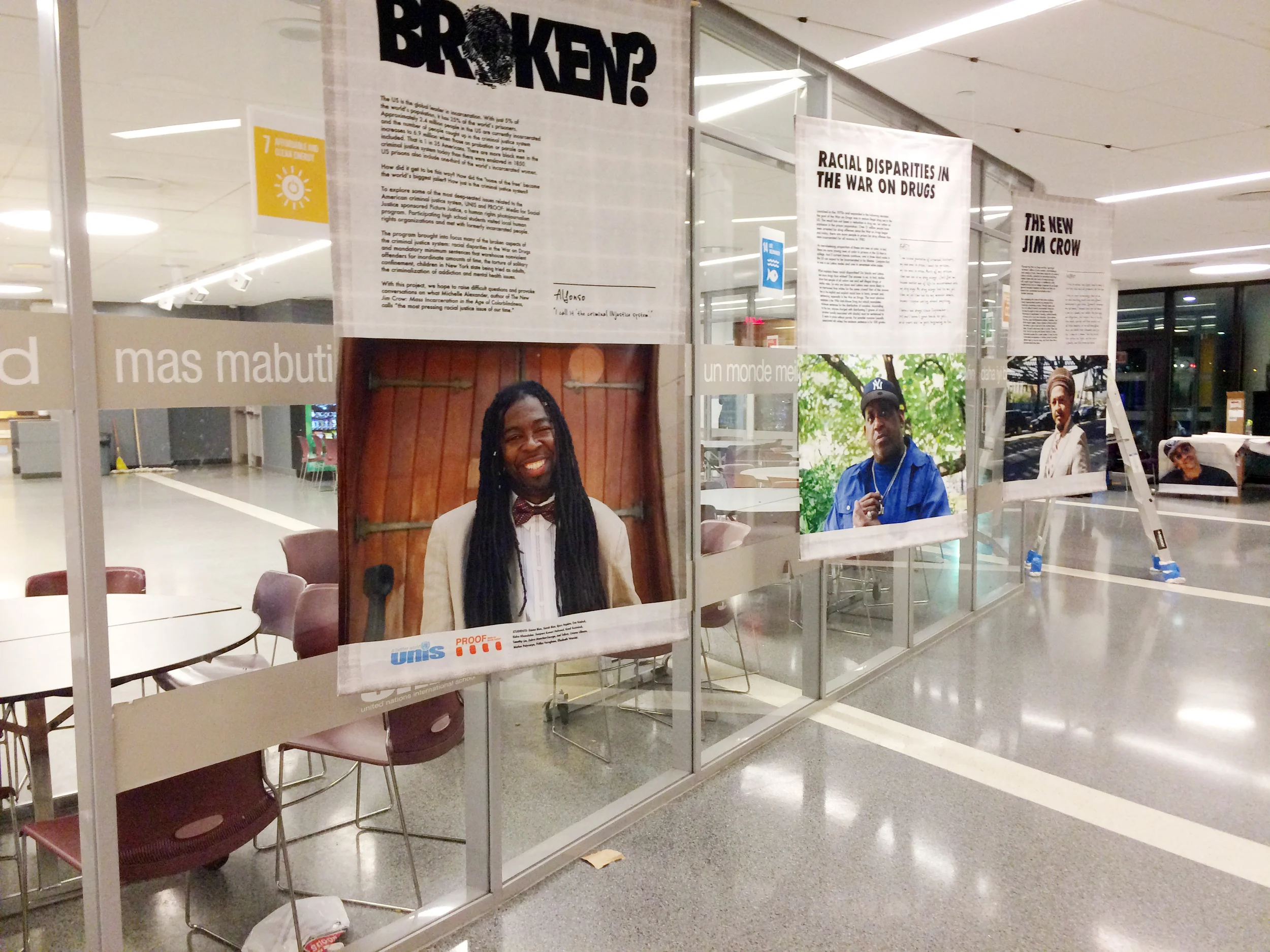 Installation of the "Broken?" exhibition at UNIS, November 2015. Photo courtesy of PROOF: Media for Social Justice and UNIS.