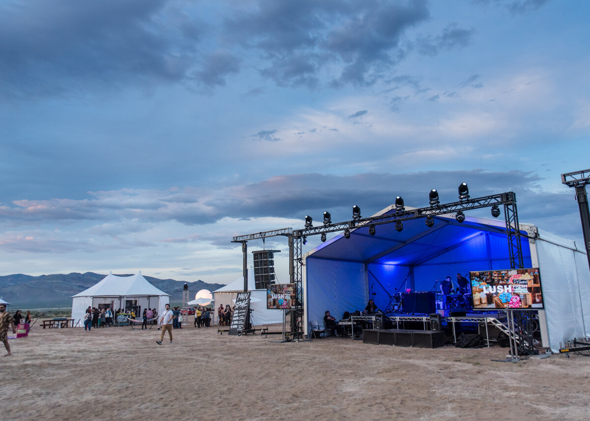 Corporate event stage set-up at dusk