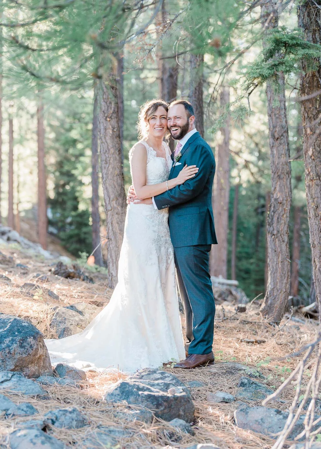 Bride & groom in the woods during summer Truckee wedding
