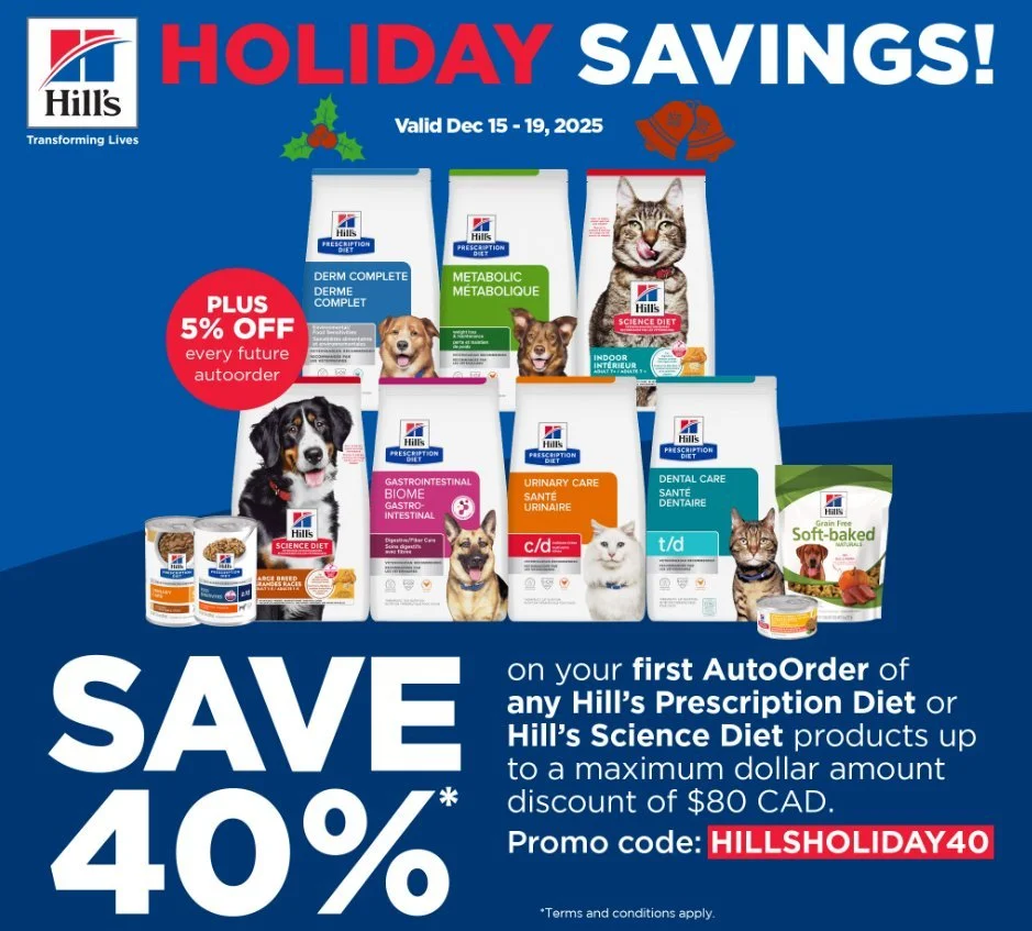 Have you used MyVetStore yet? 

Hills is giving us  more Holiday Savings! 

From December 15th-19th, clients that purchase through your myVETstore can receive 40% off their 1st AutoOrder. 

Please let us know if you are interested in setting up your 