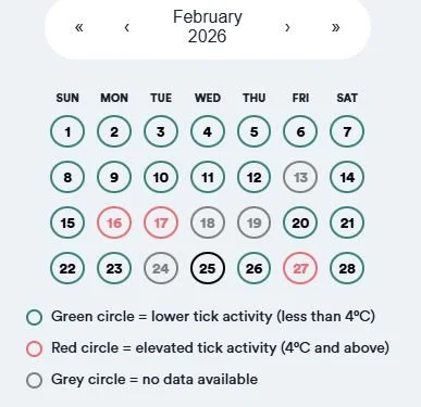 Tick risks are rising. Get your 2-week local &ldquo;tick risk forecast&rdquo;
at www.Tickmaps.ca.

Featured: Hamilton February 2026 

#WhenYouCantPredictProtect #NTAM #NationalTickAwarenessMonth