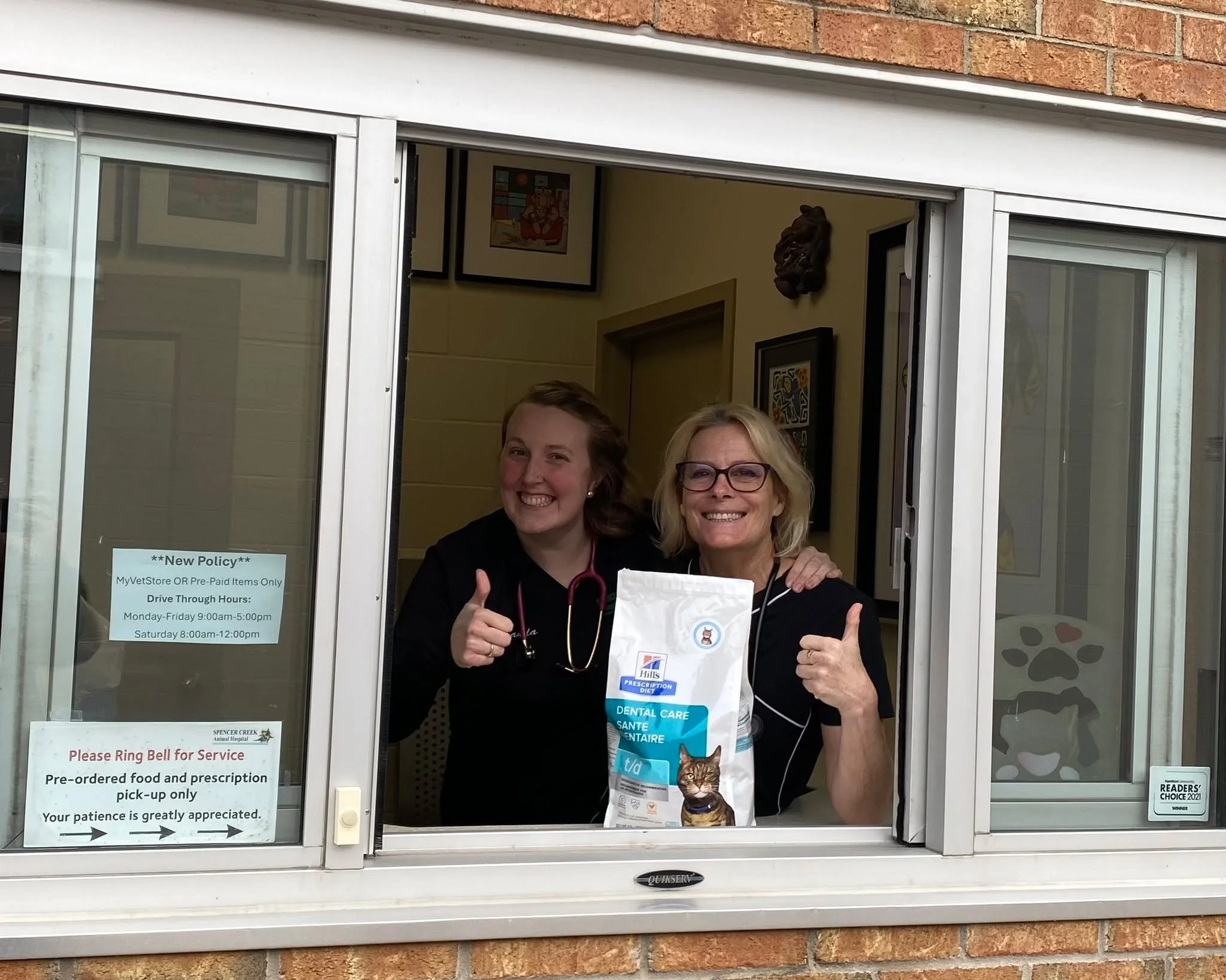 Did you know Spencer Creek Animal Hospital has a drive‑through window for quick, pre‑paid medication and food pick‑ups? This includes MyVetStore orders!

It&rsquo;s open Monday&ndash;Friday from 9:00 am&ndash;5:00 pm and Saturdays from 8:00 am&ndash;