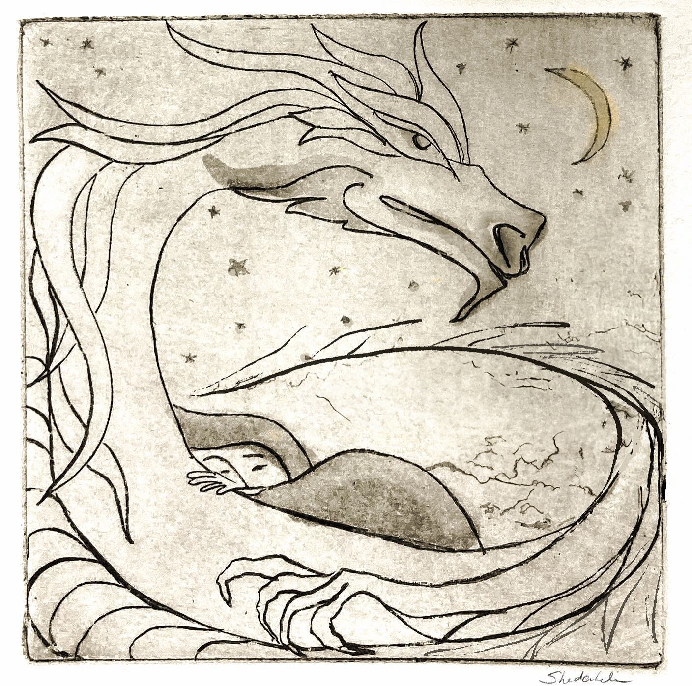A drypoint etching for #folktaleweek2023 prompt, &ldquo;Sleep.&rdquo;
4 in x 4 in

#drypointetching #etching #intaglioprintmaking #tinydrawings #tinyprint #dungeonsanddragons #dragonart #folktaleweeksleep #folktaleweek #shedenhelm #illustration