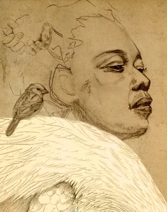 Collage Portrait with pencil drawing by Kendra Shedenhelm
