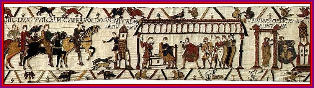 A detail from the Bayeux Tapestry showing Latin narrative