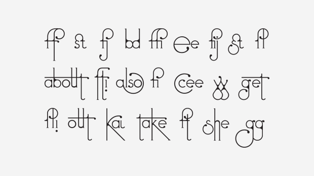 A sample of text in the Futuracha typeface showing self-adjusting ligatures and letter combinations.