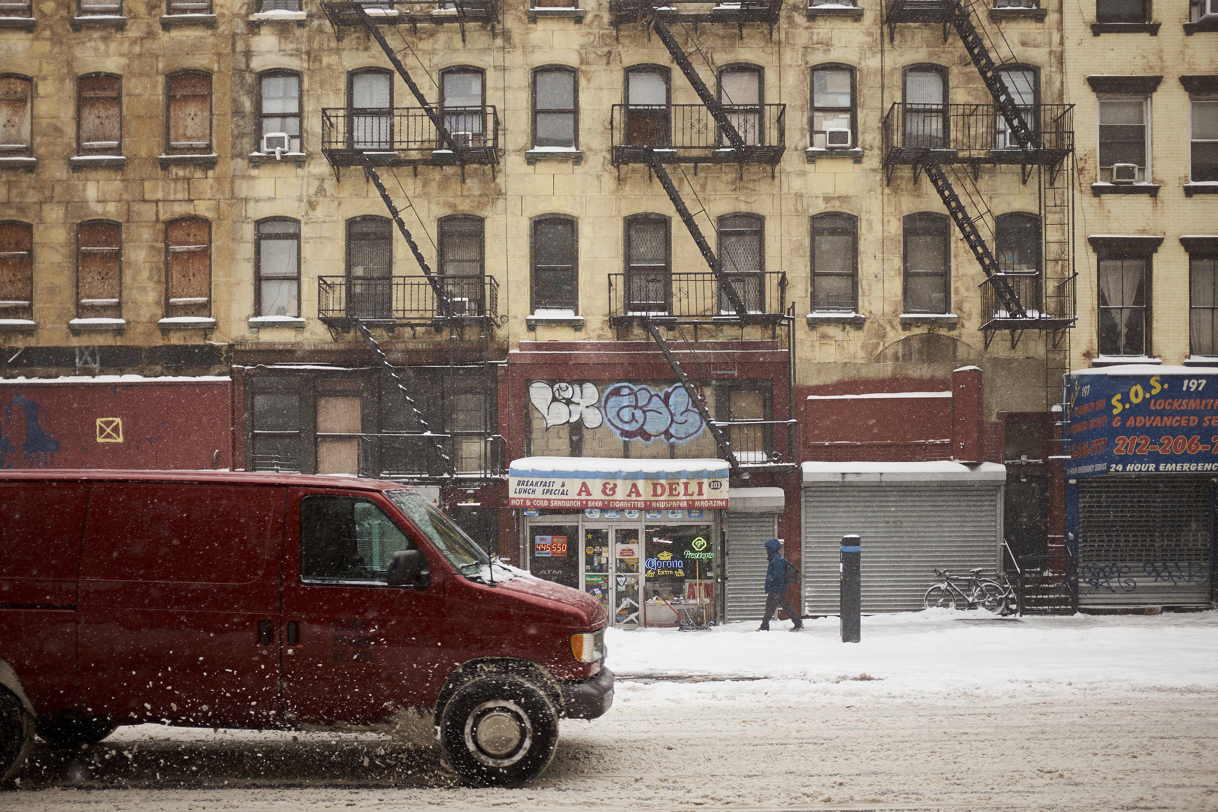 Van in snow, NYC