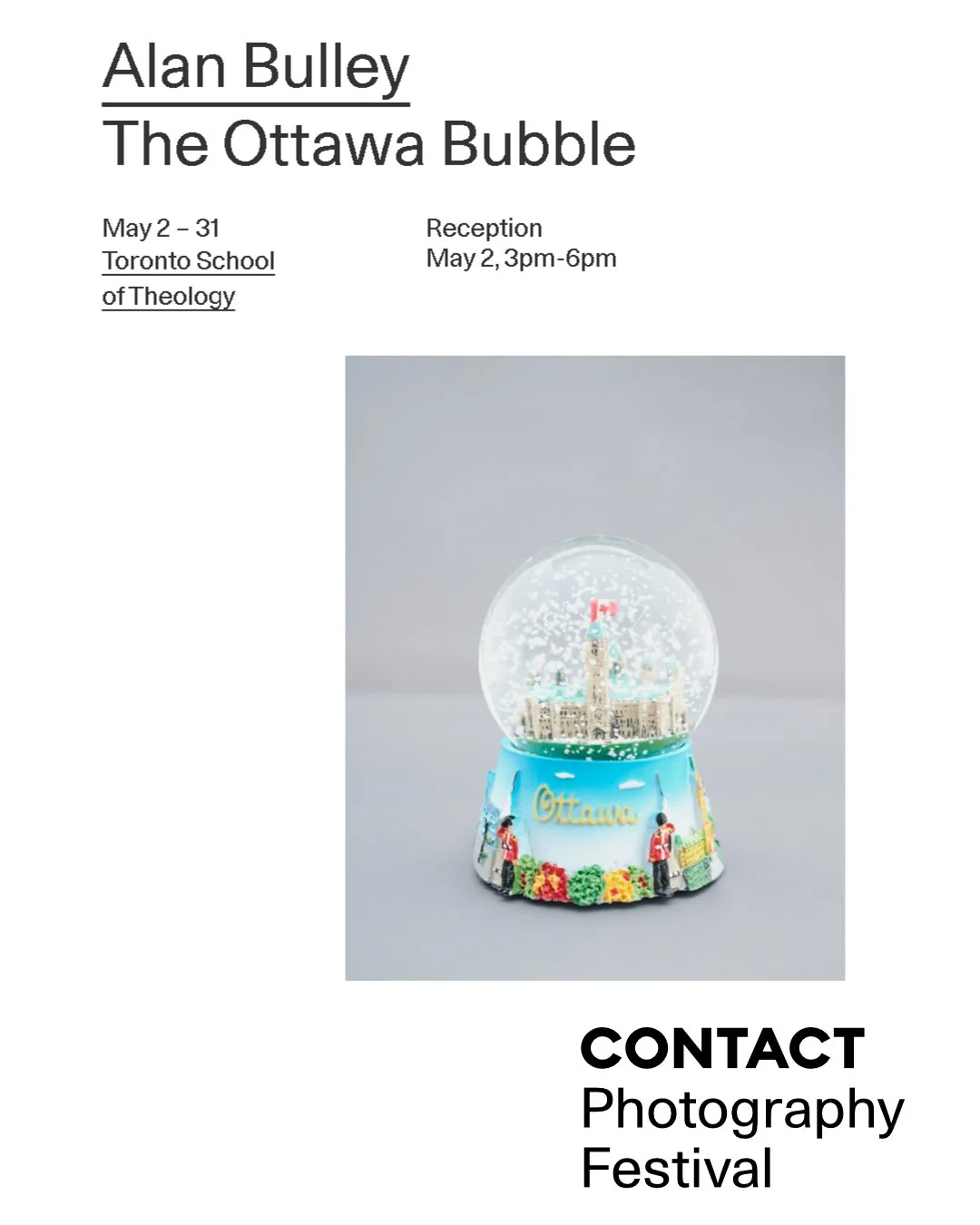I'm pleased to announce that my photographic project, "The Ottawa Bubble," will be on display from May 2&ndash;31 as part of this year's @contactphoto Festival in Toronto. My venue is the ground floor of the Toronto School of Theology's adm