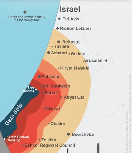 Eshkol is near the bottom of this map. Residents have 7 seconds to find shelter once a siren is heard.
