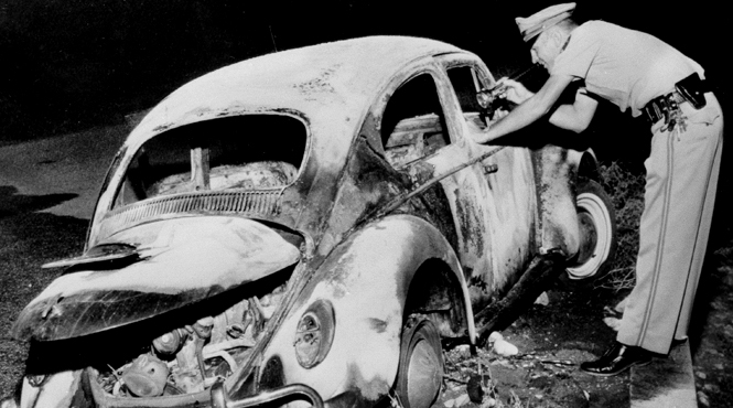October 8, 1964: Cork's rented Volkswagen is inspected by authorities; Baynan Street, Alta Loma (referred to now as Rancho Cucamonga). "Angry from that moment on, we would never be the same:" Daughter Deborah J. Miller, A Mother's Crime .