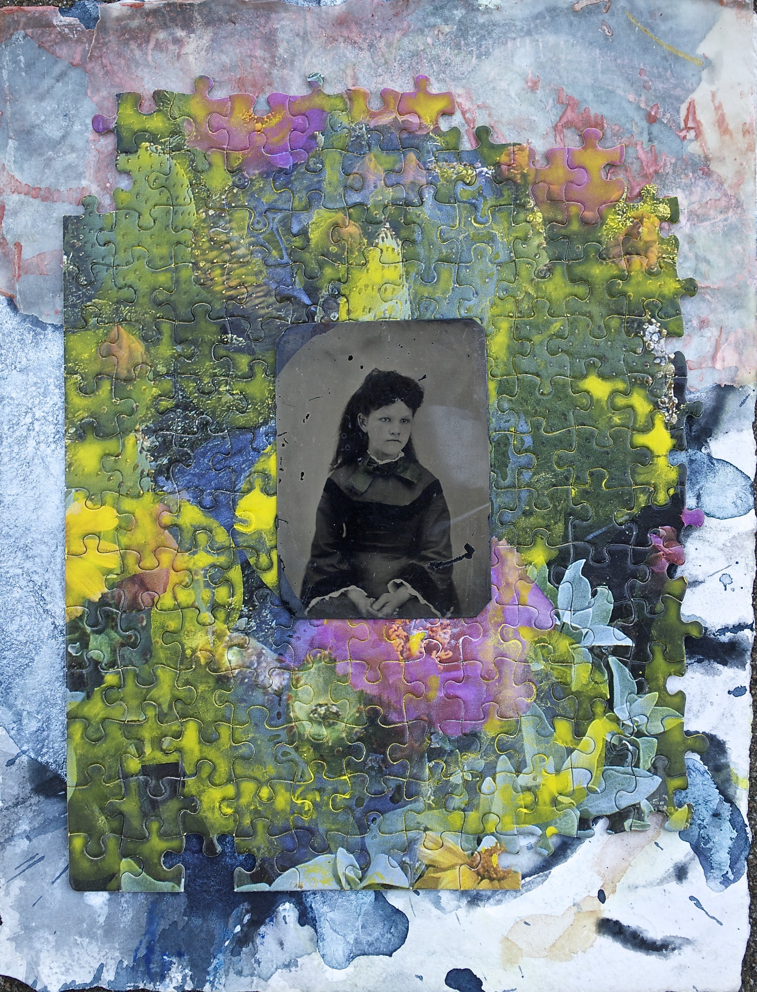 Our Lady of the Slump Blocks (or Keeper of the Hummocky Toe) Tintype and acrylic on jigsaw, vellum and paper, 33x25cm; 2015 Avril Copyright © Tennyson Woodbridge, 1963 to present. All appropriation rights reserved