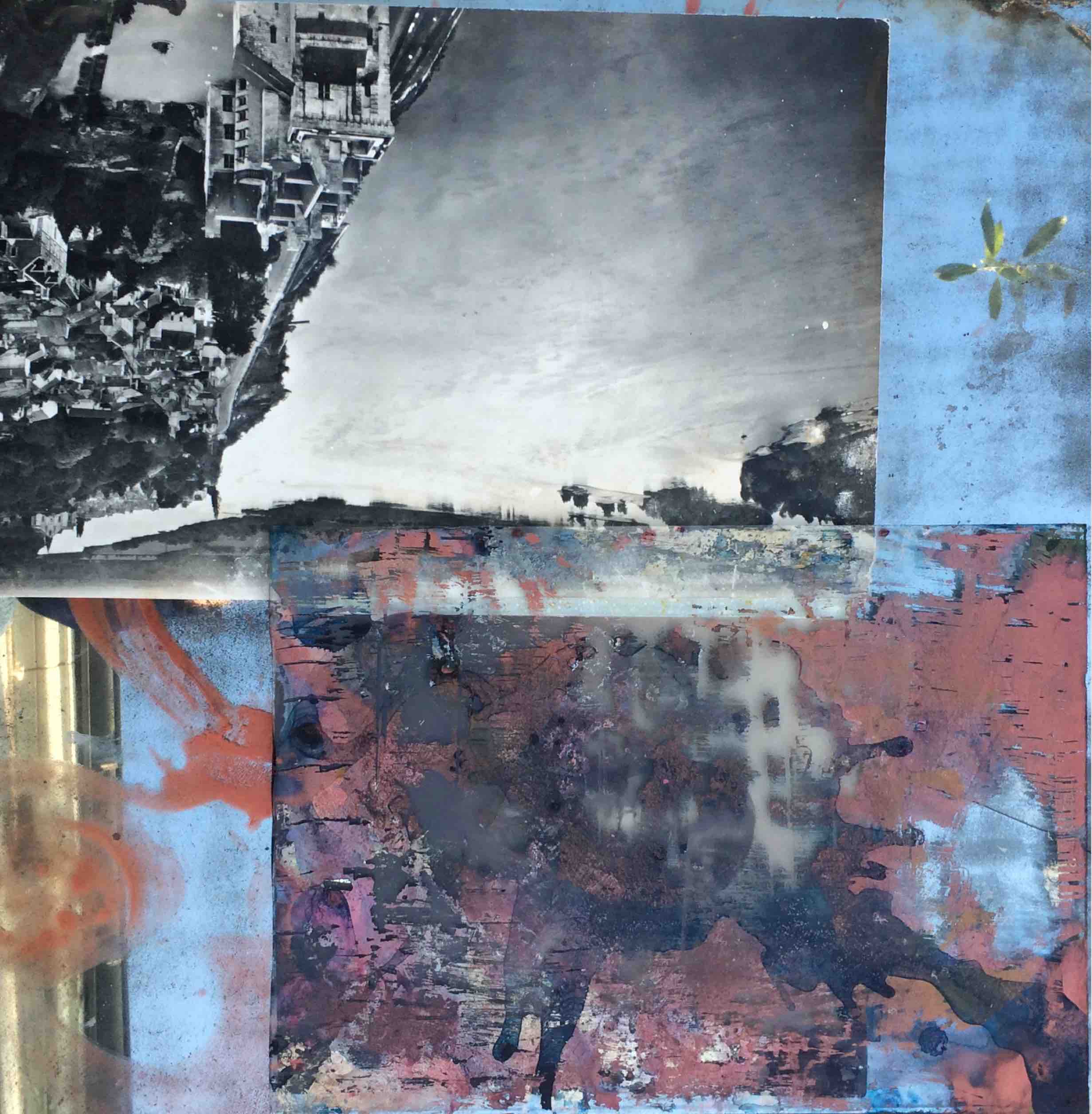Temporary painting_ 7 Mai, 2015 2015; photographed acrylic and photo card on antique mirror; ~18 x 18" Copyright © Tennyson Woodbridge, 1963 to present. All appropriation rights reserved