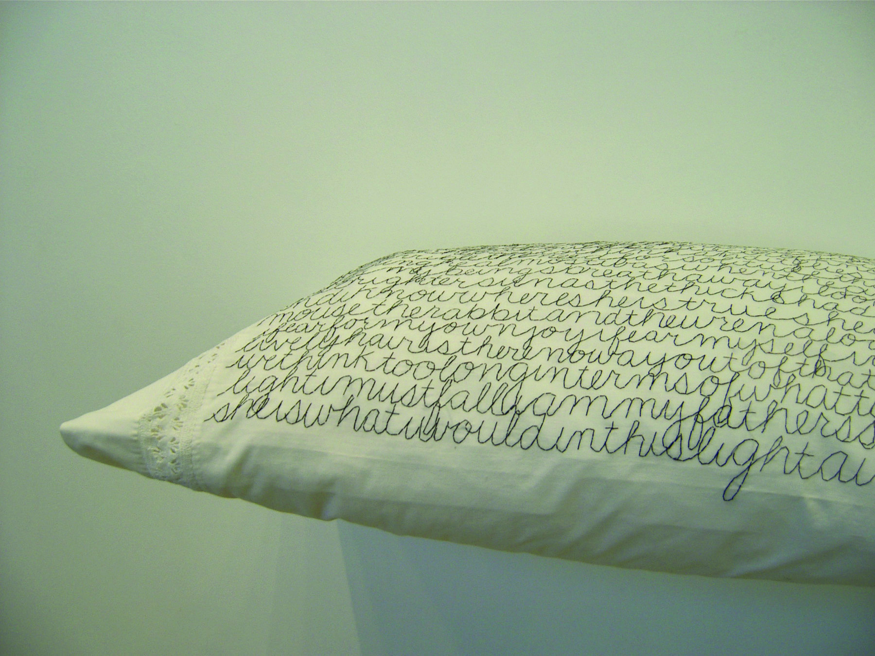   sleep ( detail) 2005 rayon thread, pillow cases 9 by 2 by 2 feet, variable excerpts from&nbsp;  The Collected Poems of Theodore Roethke  , 1975 and "Straw for the Fire" from the&nbsp;  Notebooks of Theodore Roethke 1943 - 63&nbsp; &nbsp;  edited by