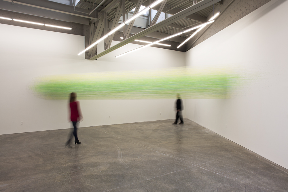    taut green   2014 thread and staples 34 x 4 x 20 feet photography by Derek Porter 