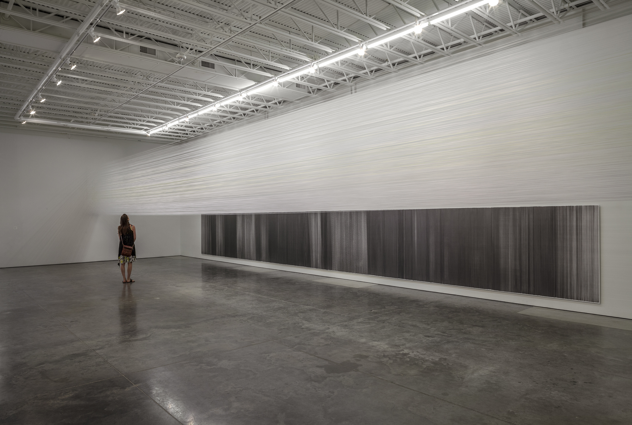    drawn above   2014 cotton thread, staples 66 inches x 55 feet x 18 inches    drawn below   2014 graphite on cotton mat board 59 inches x 42.5 feet  photography by Derek Porter 