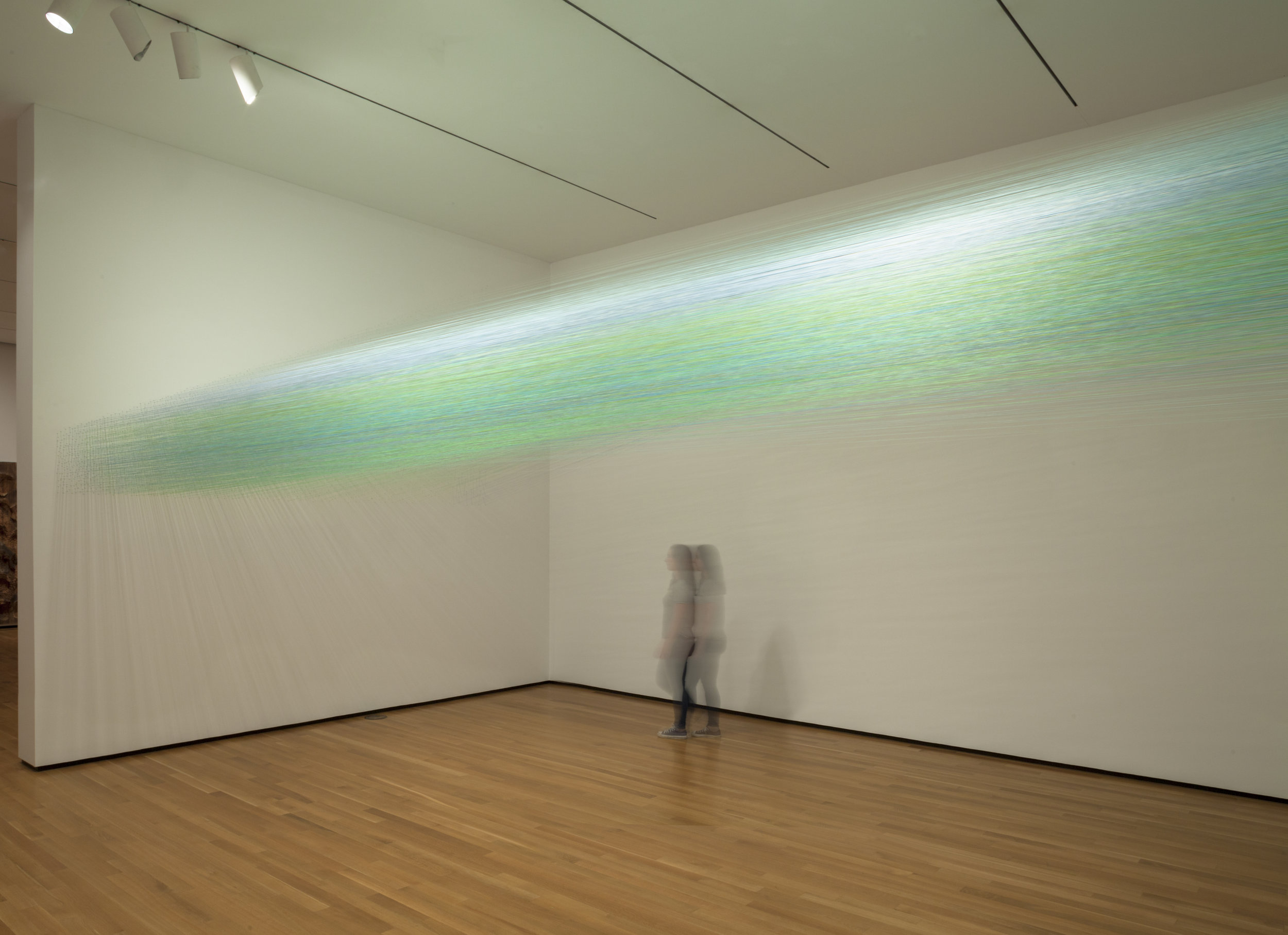 Anne Lindberg, "inside green," 2016, thread and staples, 24 by 13.5 by 14.5 feet