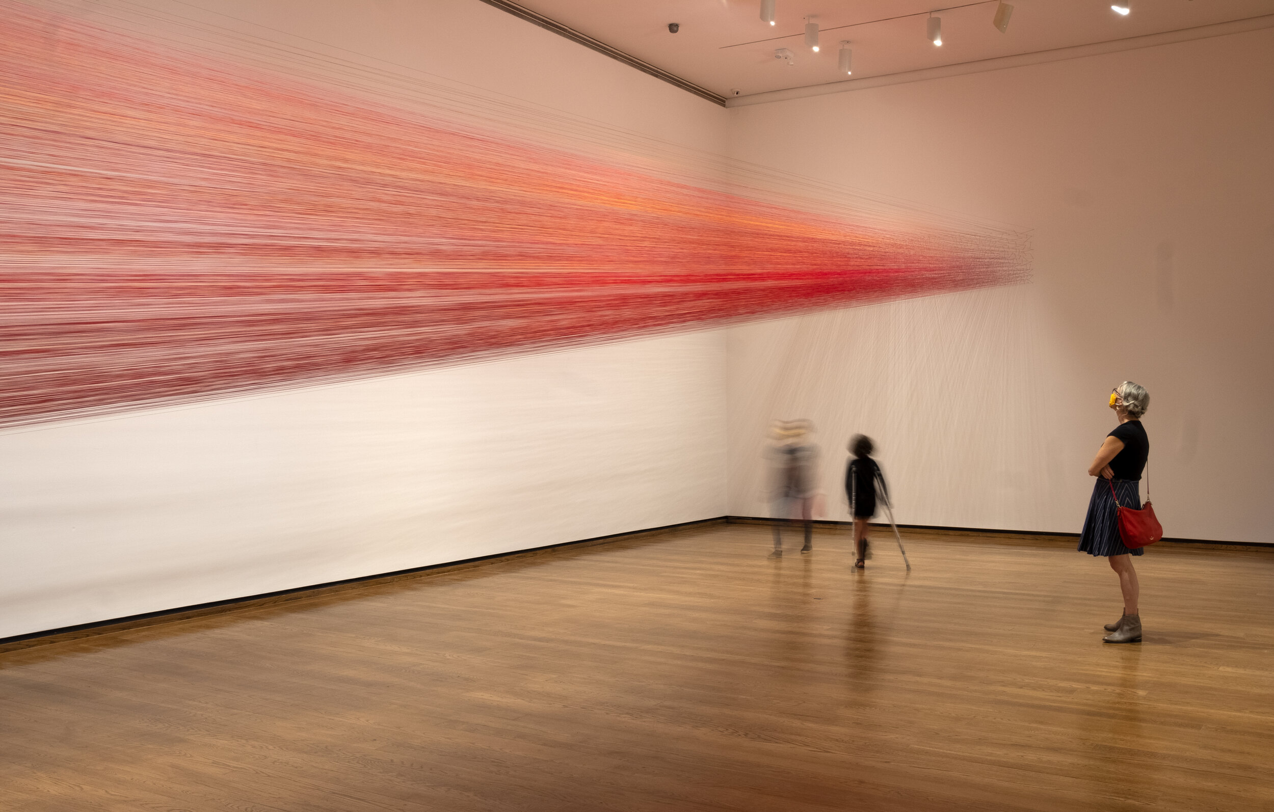    bloodlines   2021 thread and staples 9 x 50 x 9 feet  AbStranded: Fiber and Abstraction in Contemporary Art,  curated by Elizabeth Dunbar Everson Museum of Art, Syracuse, New York photograph by Derek Porter 