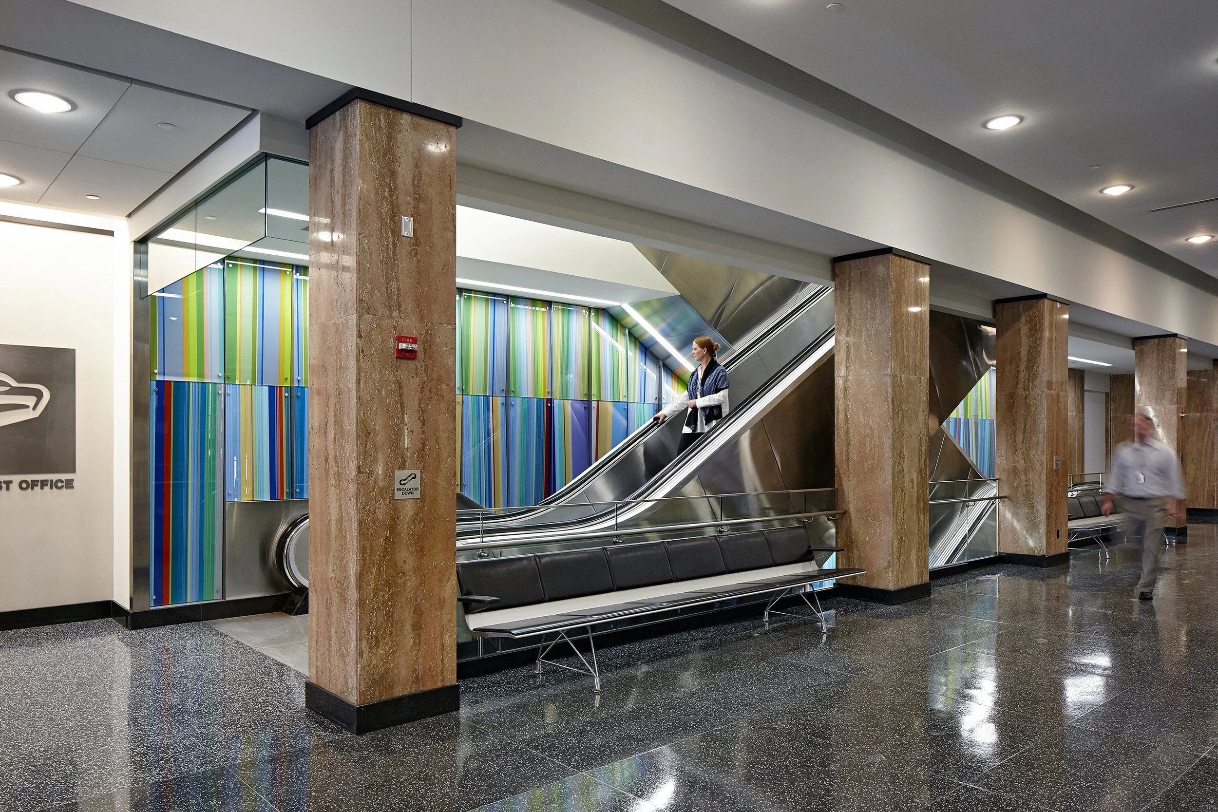curtain wall 2013 custom printed dual layer glass, 2 × 6 foot panels 60 × 60 feet total against escalator wall commissioned by the Art-in-Architecture program of the General Services Administration Richard Bolling Federal Building Kansas City, M