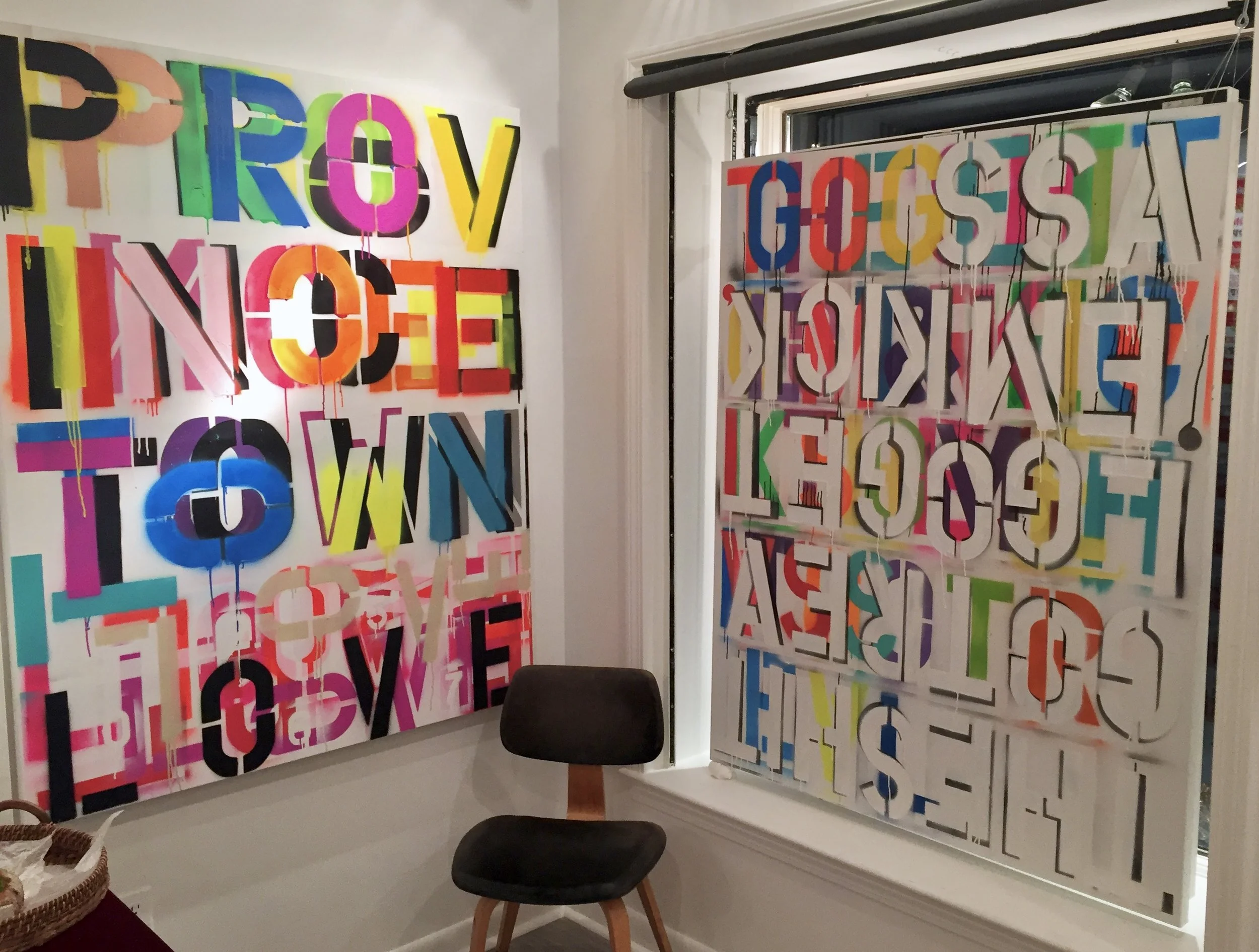 "PROVINCETOWN LOVE" ( LEFT ) "GO GET 'EM" ( RIGHT ) BOTH 48"X60"X1.5" ACRYLIC ENAMEL ON CANVAS 2016