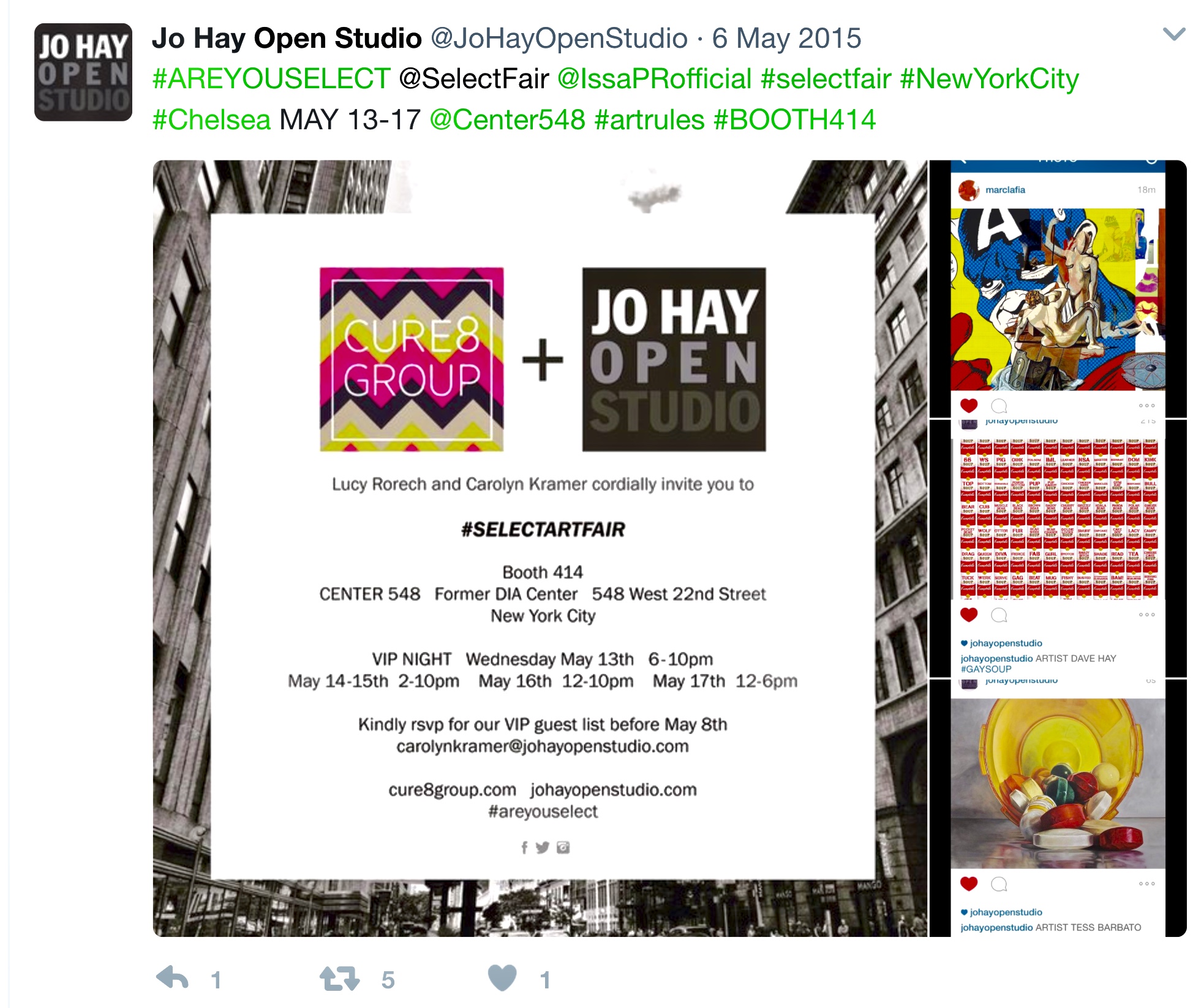 CURE8 GROUP & JO HAY OPEN STUDIO GALLERY PROMOTIONAL TWEET