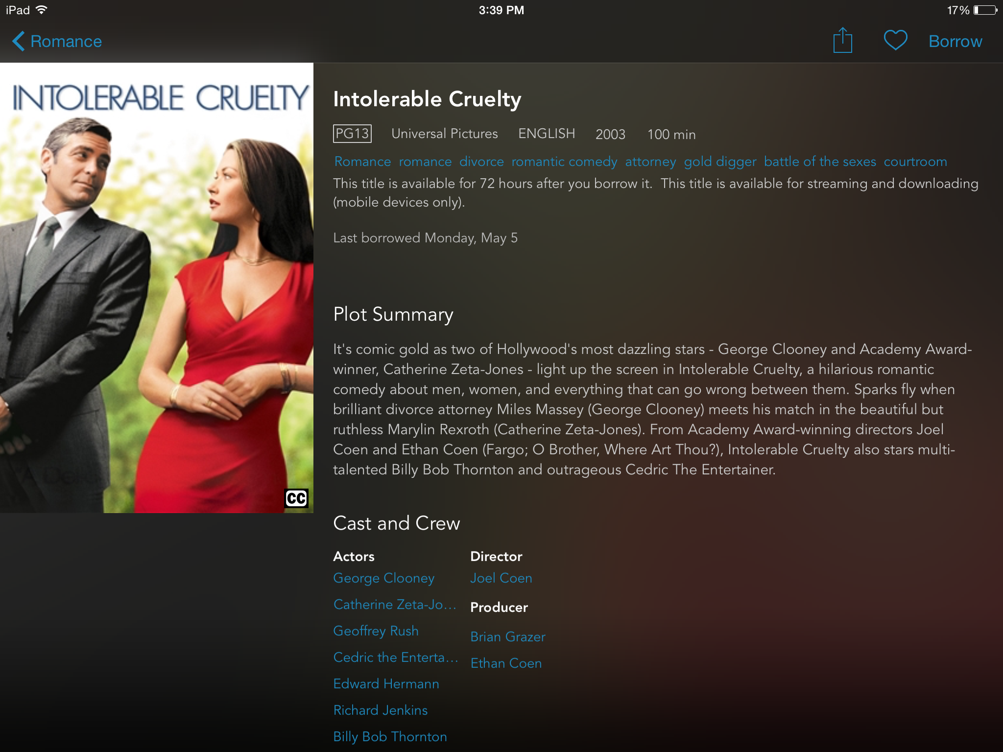  Intolerable Cruelty on the current hoopla mobile app. 