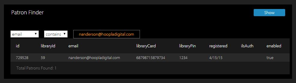 Patron finder menu after searching by e-mail address (or library card number).