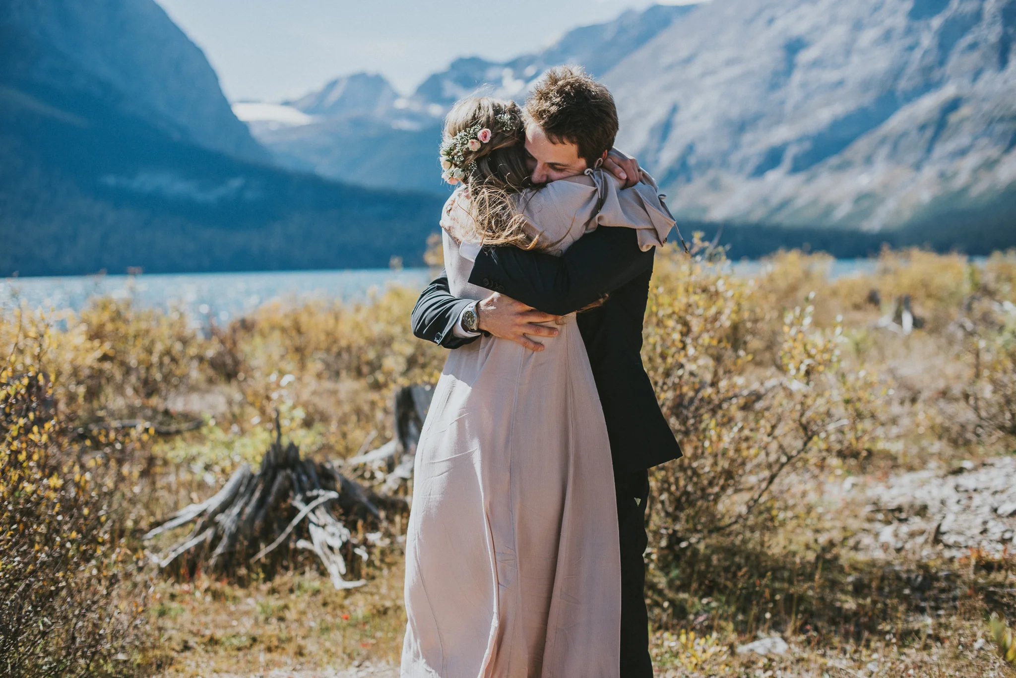 bride groom hug kananaskis elopement