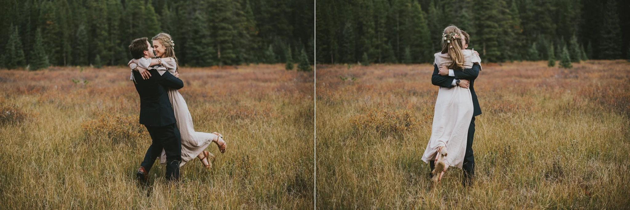 groom lift bride hug field kananaskis