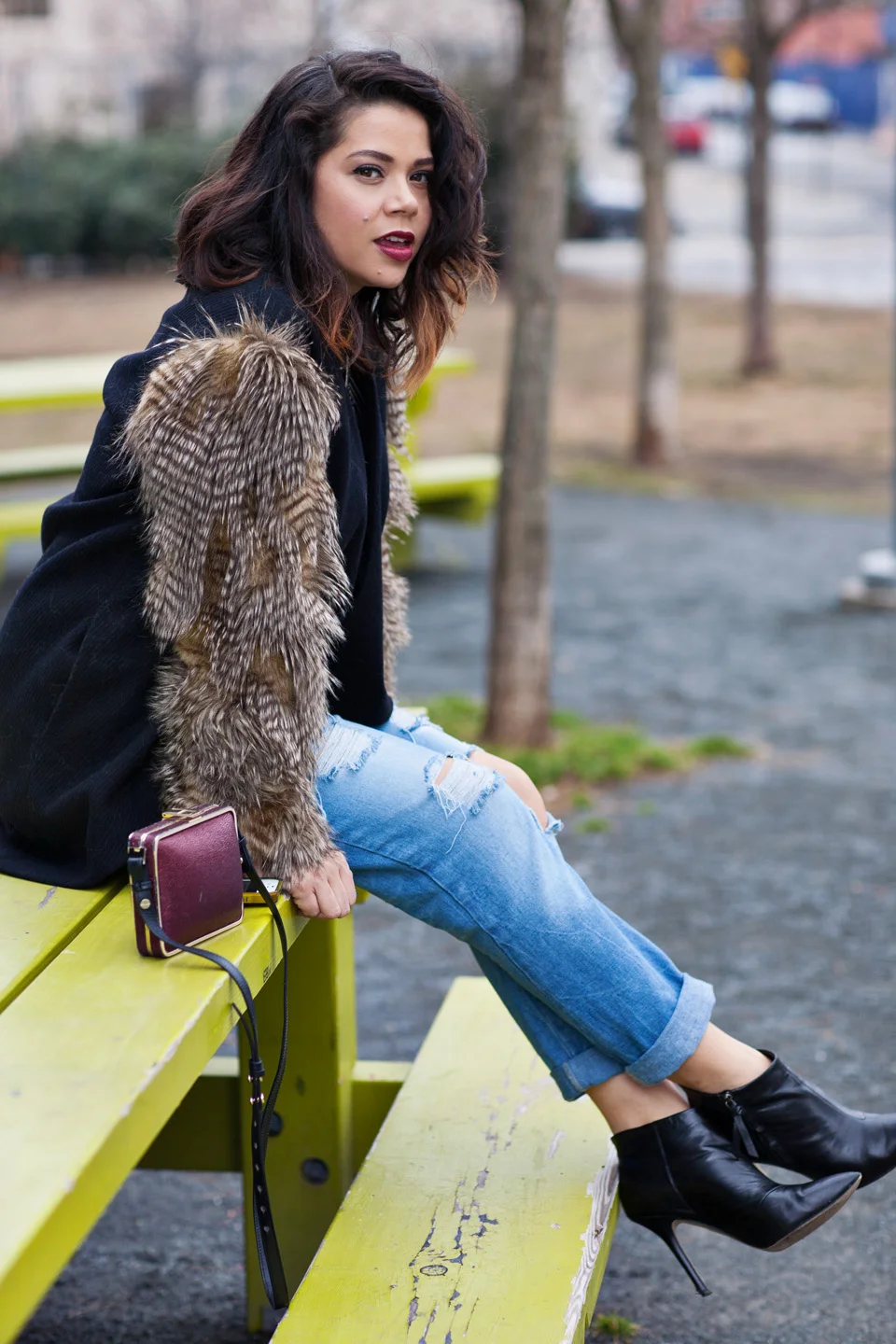 dana maxx, fur jacket, winter wardrobe, baggy jeans, zara, pointed ankle boots, foley and corinna, clutch, wine colored lipstick, new york, fashion blogger, profresh style